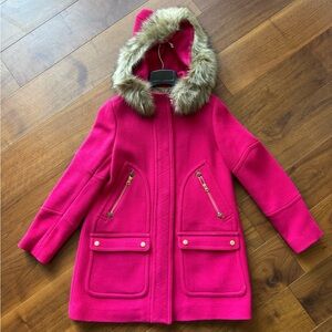 [J. Crew] NWOT Fuchsia Hooded Coat with Faux Fur